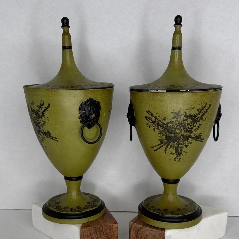 Mid Century Italian Olive Tole Urns Pair Signed